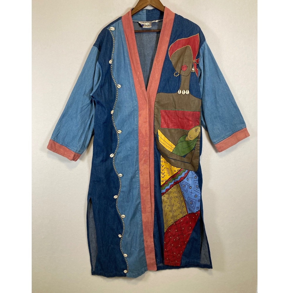 Boho Wearable Art‎ Vintage Mulato Womens XL Denim Patchwork Graphic Duster Coat